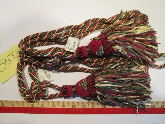 2 DRAPERY TIE-BACKS  w/9" Tassel CRANBERRY/GREEN/YELLOW Curtain Trim dov8300