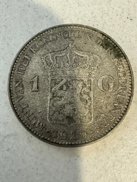 1929 Netherlands 1 Gulden - Wilhelmina 0.720 Silver Coin - Graded Very Fine*