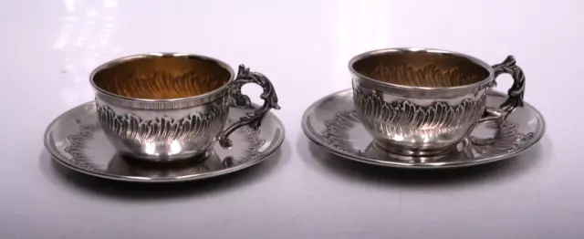 Rare Paire Tasses Sous Tasse De Poupee En Argent Massif Poincon Minerve