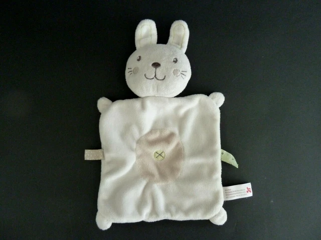 K19. Doudou Plat Nicotoy Kiabi Lapin Blanc Ecru Beige Rond Croix Etiquettes Tbe