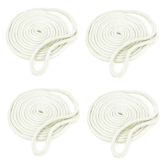 (4PACK) White 1/2"× 15FT Nylon Double Braided Dock line Mooring Rope Boat Marine