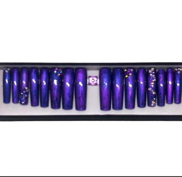 Hecho a mano prensado en uñas UV gel XXLong cuadrado azul metálico púrpura personalizado hecho a medida