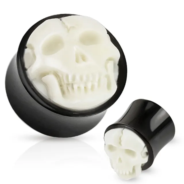 Pair of Bone Skull Hand Carved Inlay with Organic Horn Saddle Ear Plugs
