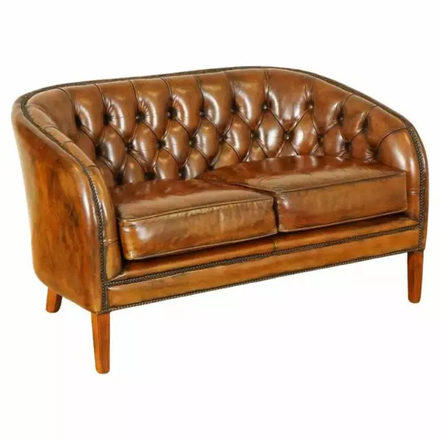 Stunning Fully Restored Hand Dyed Whiskey Brown Leather Two Seater Sofa (2/2)