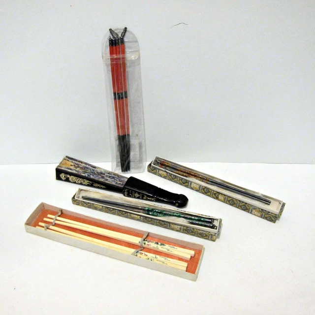 VINTAGE ASIAN COLLECTIBLES LOT - 4 Chopsticks Pairs and 1 Fan