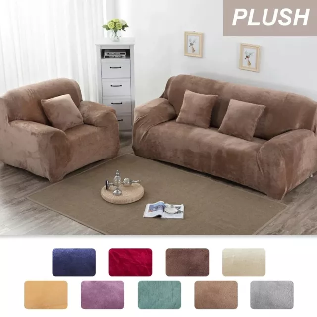 UK Velvet Sofa Covers Easy Fit Stretch Protector Soft Thick Plush Couch Cover