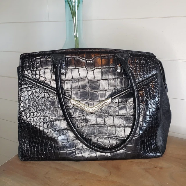 Brighton Black Large Leather Croc Embossed Satchel Tote Handbag