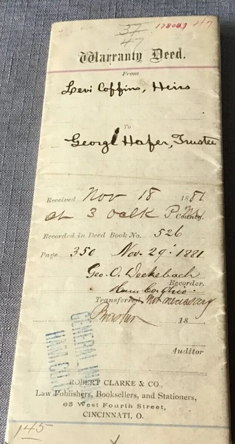 1887 Deed Levi Coffin heirs transfer home in Cincinnnati, Hamilton County, Ohio