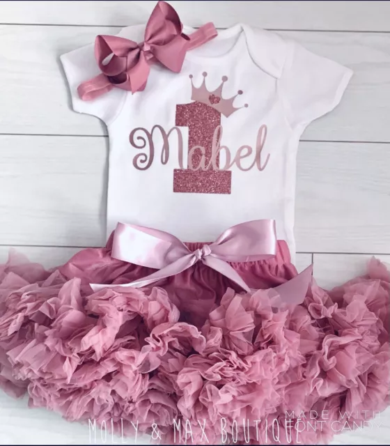 Baby Girls Personalised First 1st Birthday Outfit Cake Smash Set Tutu Skirt