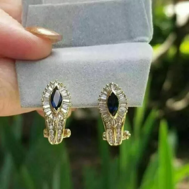 21CtBlue Sapphire Diamond Women's Hoop Earrings Lab Created Gold Plated 2