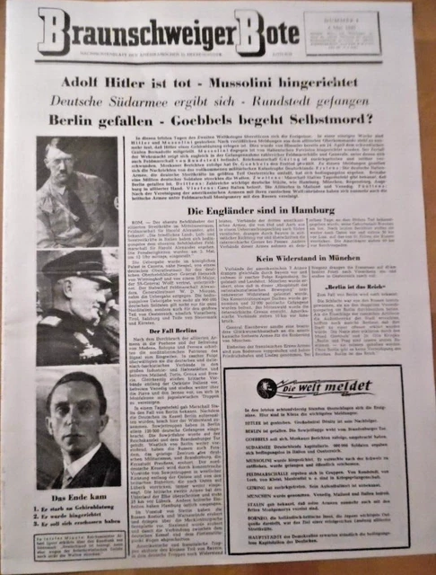 BRAUNSCHWEIGER BOTE 4. Mai 1945 Hitler Tot Mussolini Erhngt Berlin