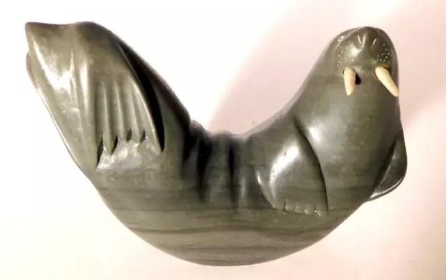 Vtg. Inuit Eskimo Joe Ittukalak Carved Soapstone Walrus Art Sculpture Signed