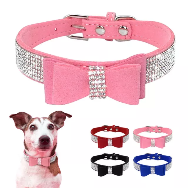 Rhinestone Diamante Dog Collar Soft Suede Bowknot for Cat Small Dogs Chihuahua