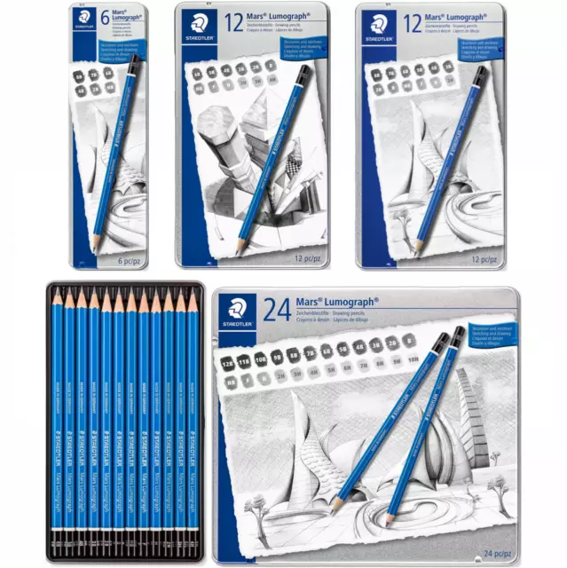 Staedtler Mars Lumograph Pencils - Sketching Sets - Tins of 6 / 12 / 24 Pencils