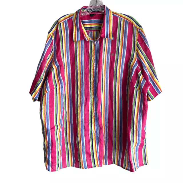 Lauren Ralph Lauren Womens 100% Linen Shirt Plus 3X Striped Rainbow Short Sleeve