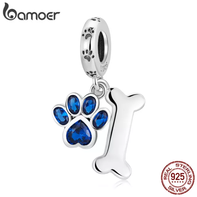 BAMOER 925 Sterling Silber Hundepfote blau CZ Anhänger Bead Armband Charm