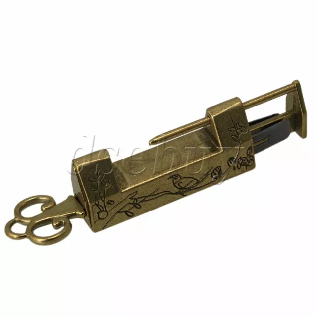 Chinese Old Style Antique  Carved Bird Flower Leaf Padlock Lock With Key