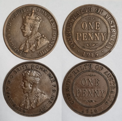 Australia penny pair 1915-H aVF 1916-I XF