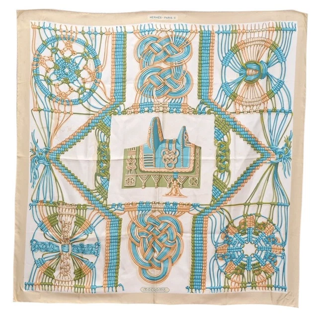 Authentic HERMES Carre 90 Scarf "MACRAME " Silk Beige 4067H