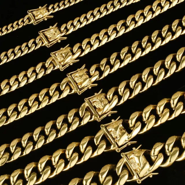 Men's 14K Gold Plated Stainless Steel Miami Cuban Link Bracelet Chain Necklace