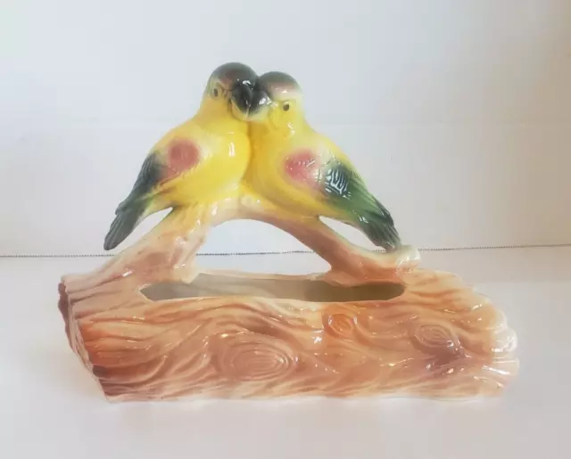 Vintage Love birds on log ceramic Planter Parrots