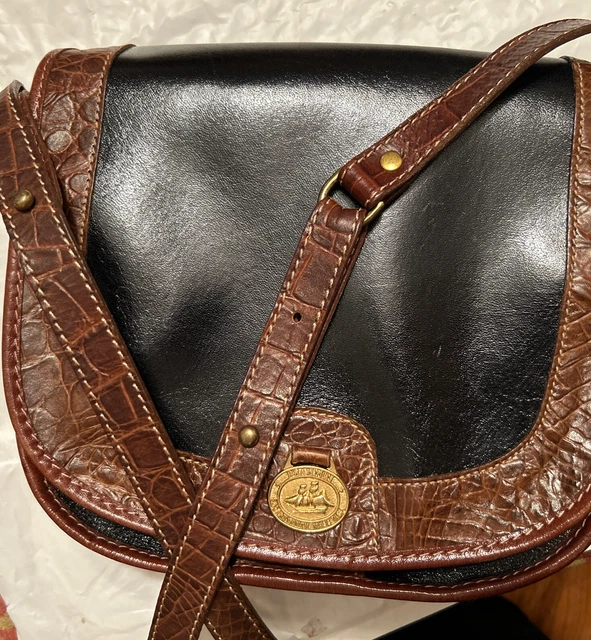 Brahmin “Sunny” Black Leather with Brown Croc. Trim Saddle Bag CrossBody Purse.