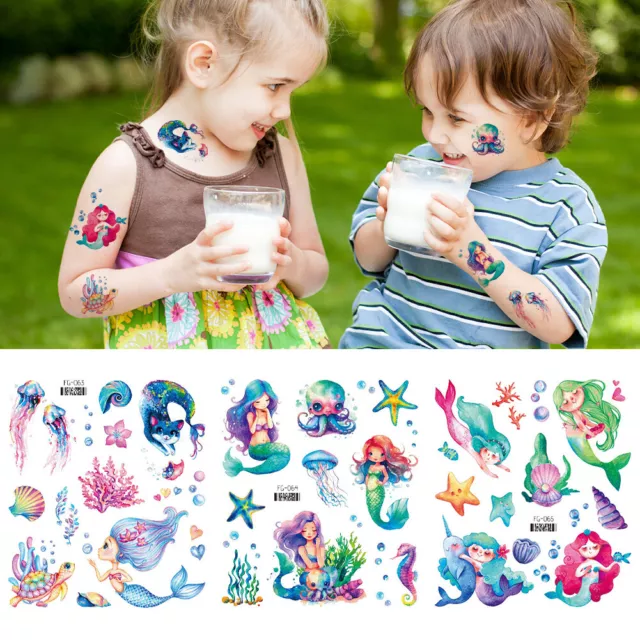 fr 6PCS Cartoon Glitter Tattoos Waterproof Mermaid Unicorn Face Tattoo Stickers 2