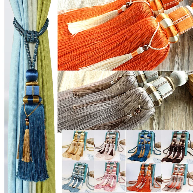 Pair Curtain Holdbacks Rope Tieback Tassel Beaded Ball Tie Backs Room Window Dec
