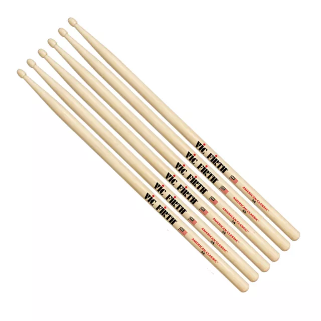 3 pares de baquetas Vic Firth 5A punta de madera nogal clásico americano