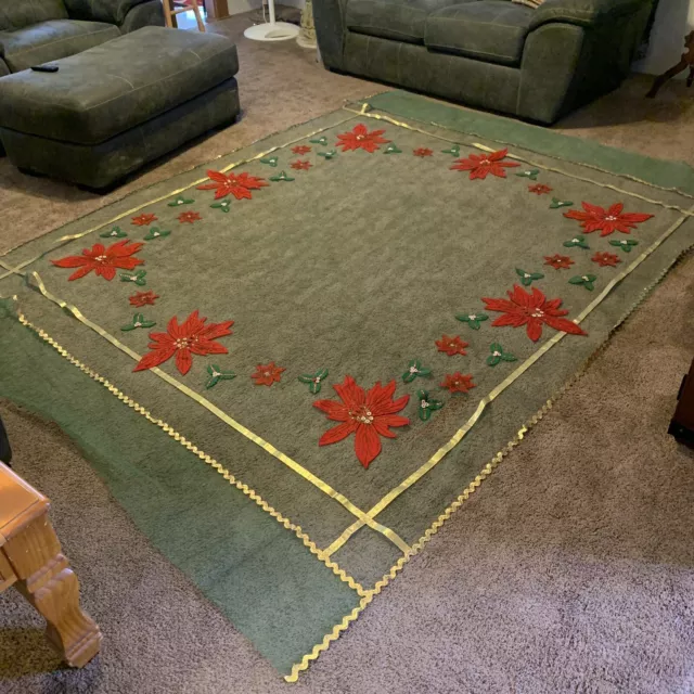 Vintage Handmade Tablecloth Poinsettia Green Tulle Felt Beaded Rickrack 81x107