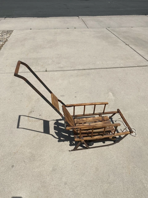 Antique Wooden Sled Wheeled Stroller Plant Stand Display.