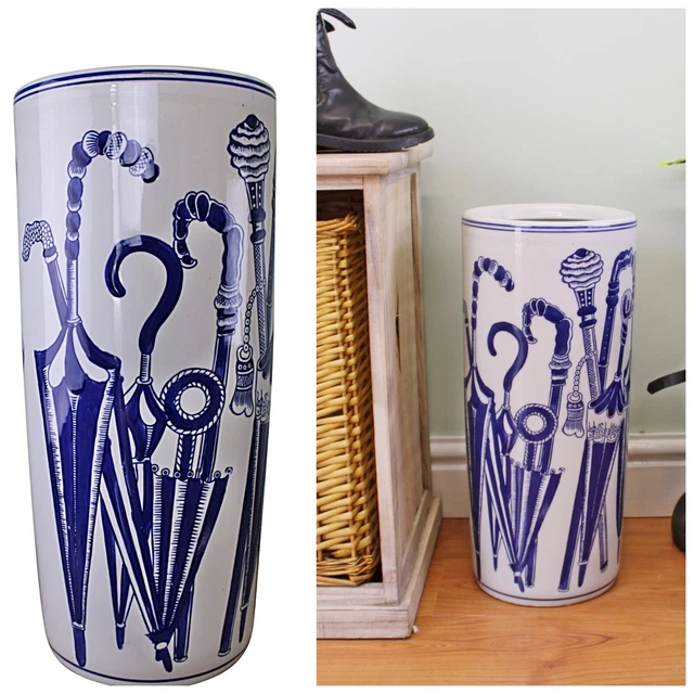 Vintage Blue Umbrellas Ceramic Umbrella Stand Tall Vase Distressed Stick Holder