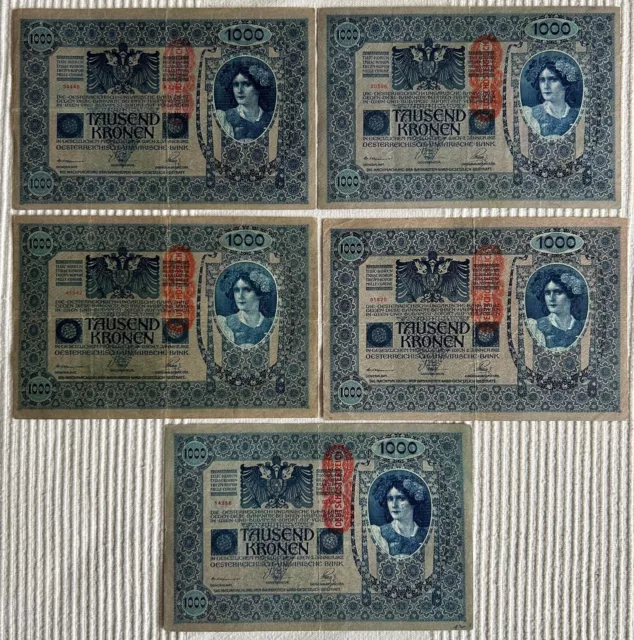 Austria 1000 kronen banknotes 1902 (1919) both sides in German LOT (5 notes)