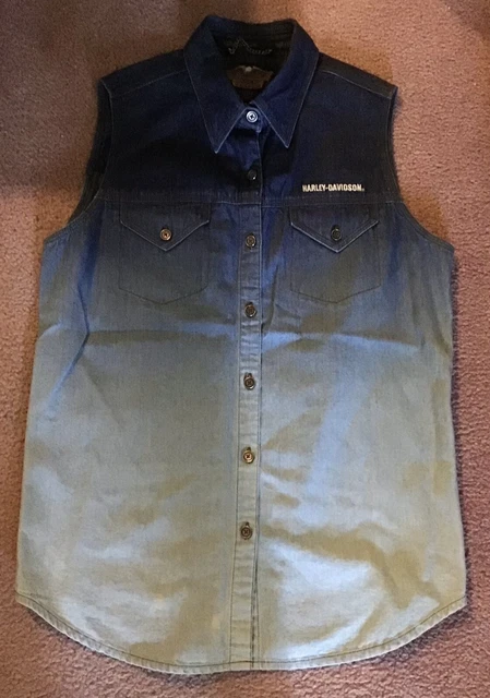 Harley Davidson Motorcycles Women Large L Denim Shirt Sleeveless Top Blue Jean