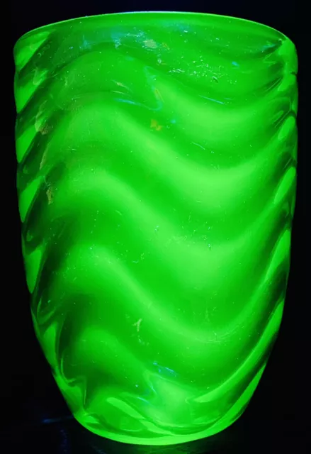 Thomas Webb Uranium Deco Vase Waves c1920 green Designer Art Glass Stourbridge .