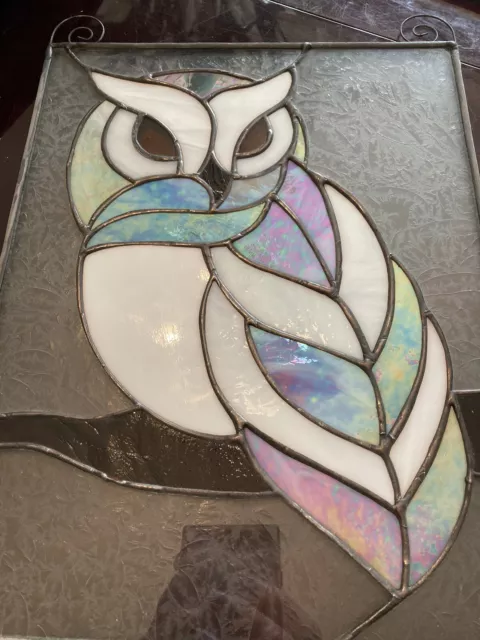 Snowy Owl Stained Glass Window Panel Iridescent glass Handcrafted USA New