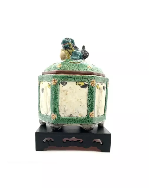 Lidded Jar with Foo Dog on Top Old Oriental Porcelain Container DAMAGED REPAIR