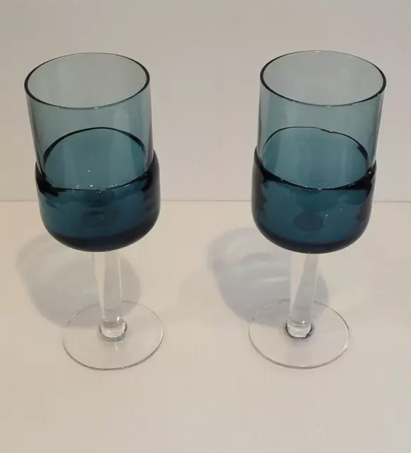 Pier 1 Goblet Blue Water 12 Oz Double Dip Mouth Blown MCM Style Wine Glass Pair