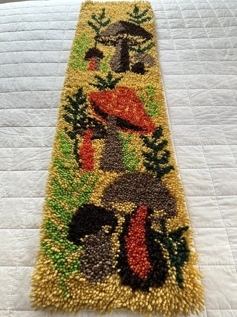 Retro Mushroom LATCH HOOK RUG WALL HANGING 1970 Vtg Boho Fungi MCM 46”x 12”