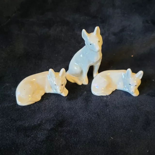 Vintage Miniature Dog Wolf Figurines White/Blue Iridescent Lot Of 3 Japan