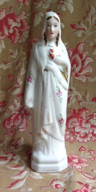 Statuette XIX ème Vierge sous Dais en Porcelaine Polychrome