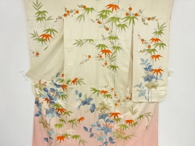 98836# Japanese Kimono / Antique Furisode / Embroidery / Bamboo Grass & Ume