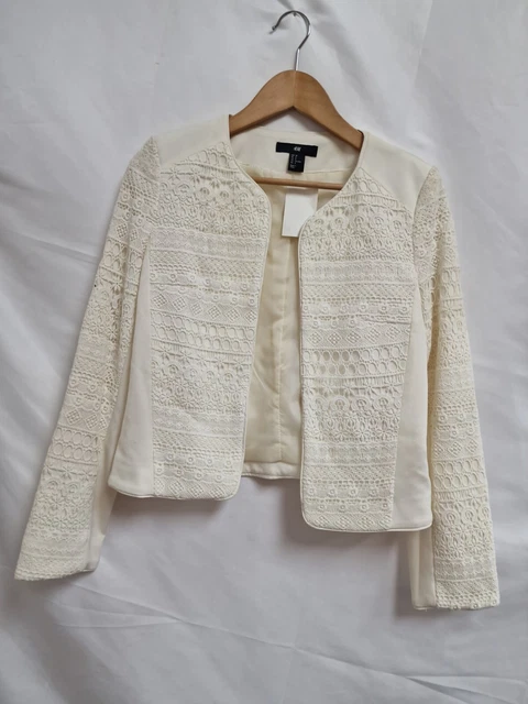 H M WHITE IVORY Crochet Lace Open Front Blazer Bolero Jacket Size