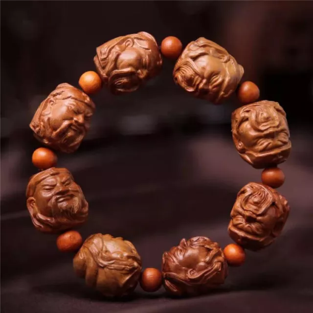 Guan Yu Head Prayer Beads Chinese Wood Carving Sculpture Hand Strings Bracelet