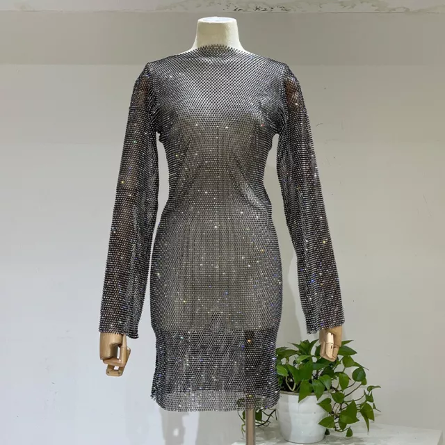 Women Sheer Mesh Dress Long Sleeve Rhinestone Fishnet Mini Bodycon Cover Up