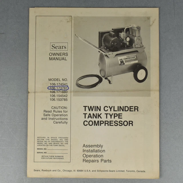VTG SEARS CRAFTSMAN Twin Cylinder Tank Air Compressor Instruction