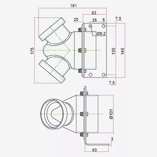 2-1/2" Absaugschlauch Gelenkschlauch,4"-2.5" Y Reduzierung mit Befestigungfuss 2