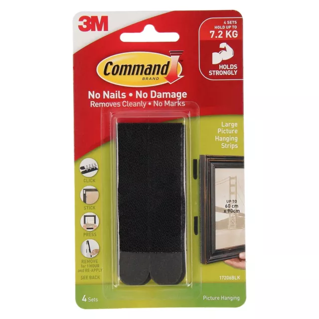 3M COMMAND Damage Free Hook 4 Sets Large Picture Hanging Strips 7.2Kg Aus Stock