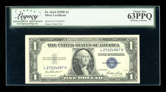DBR 1935-E $1 Silver Fr. 1614 LH Block Legacy 63 PPQ Serial L27224987H