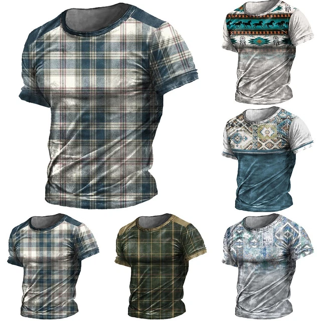 T-shirt uomo maniche corte con stampa a quadretti per abbigliamento sportivo cas